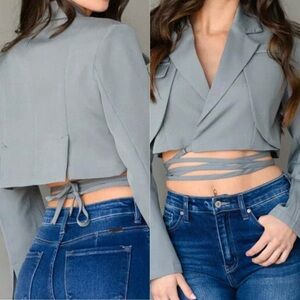 Marigold Shadows Gray Wrap Crop Blazer